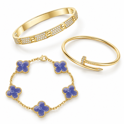 [Camiery] LOVE & JUSTE & Blue Veins Clover 5-Motif Diamond Bracelet Stack Set
