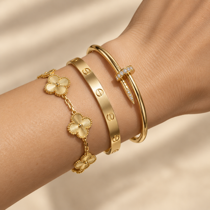 [Camiery] Clover & Love & Juste 3-Piece Gold Bracelet Stack Set