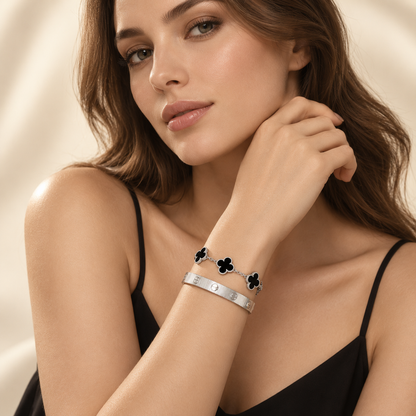 [Camiery]Clover & Love Sliver 2-Piece Bracelet Stack Set