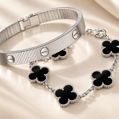 [Camiery]Clover & Love Sliver 2-Piece Bracelet Stack Set