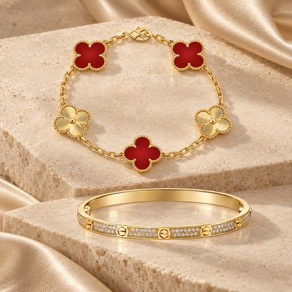 [Camiery]Clover & Love Diamond-Paved Radiant Line 2-Piece Bracelet Stack Set