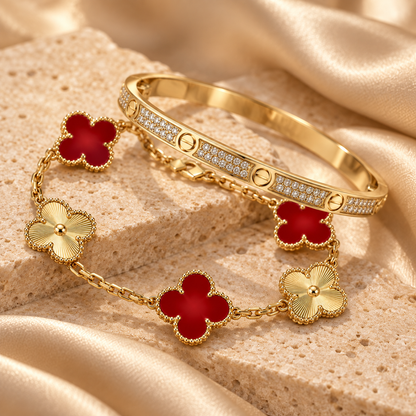 [Camiery]Clover & Love Diamond-Paved Radiant Line 2-Piece Bracelet Stack Set