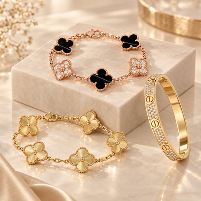 [Camiery]Clover Laser  Pulsar Stone 5-Motif & LOVE Diamond-Paved Bracelet Stack Set